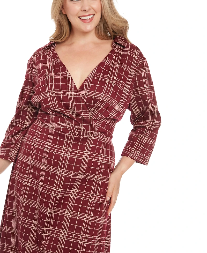 London Times Plus Size Plaid Collared V-Neck 3/4-Sleeve Dress
