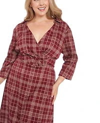 London Times Plus Size Plaid Collared V-Neck 3/4-Sleeve Dress