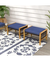Skonyon Patio Acacia Wood Ottomans with Cushions and Versatile Rattan Woven Footstools-Navy