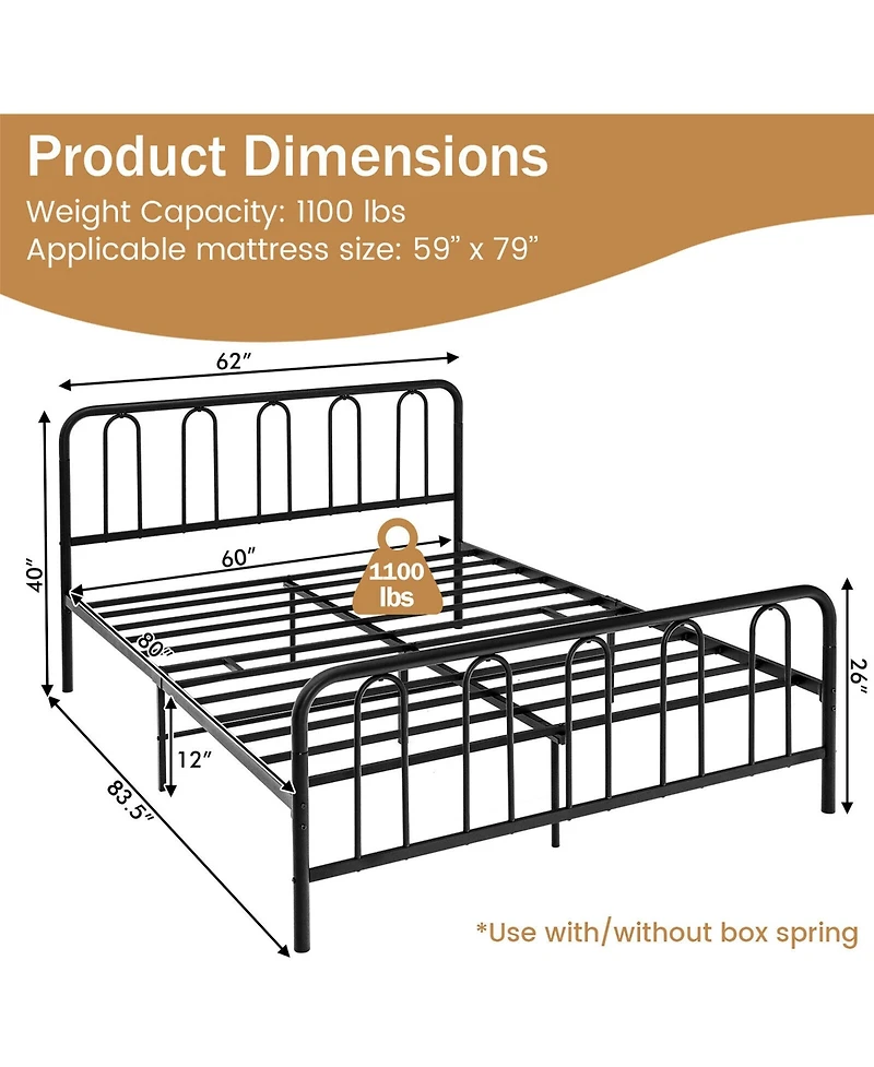 Gymax Stylish Queen Size Metal Bed Frame Platform Bed Base w/ Headboard & Footboard