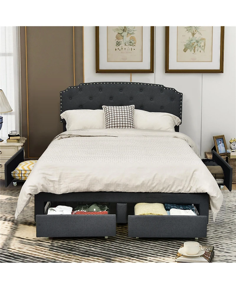 Gymax Full Platform Bed Frame with 4 Storage Drawers Adjustable Headboard Grey