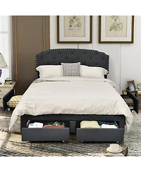 Gymax Full Platform Bed Frame with 4 Storage Drawers Adjustable Headboard Grey