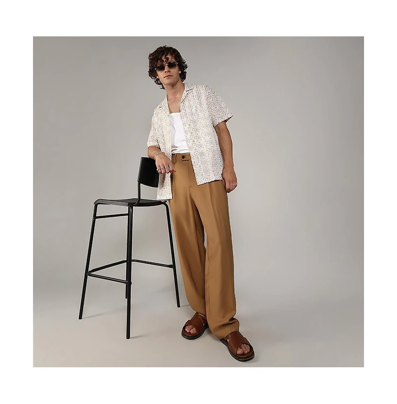 Campus Sutra Men's Off-White & Beige Embroidered Geometric Shirt