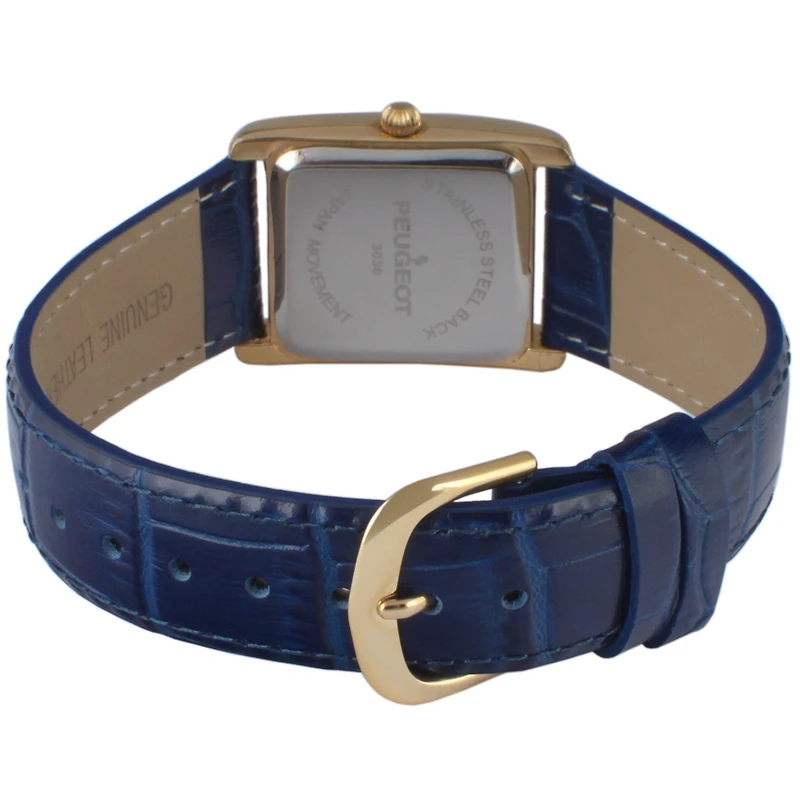 Peugeot Women's Tank Watch Roman Dial Blue Leather Strap
