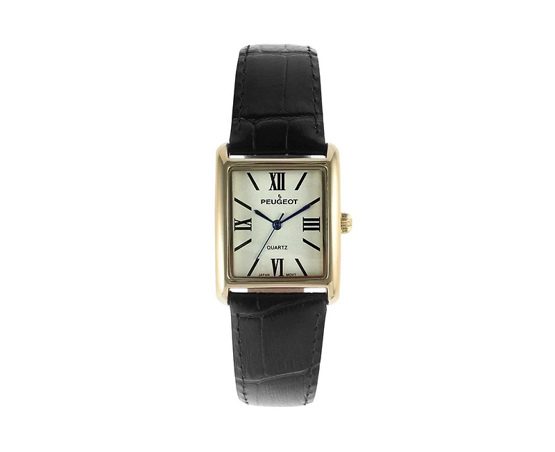 Peugeot Women's Tank Watch Roman Dial Black Leather Strap