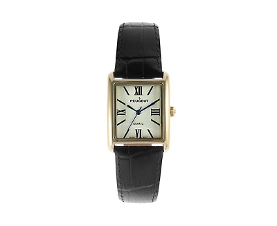 Peugeot Women's Tank Watch Roman Dial Black Leather Strap