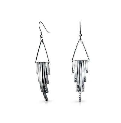 Bling Jewelry Geometric Art Deco Style Long Bars Dangle Statement Earrings Crystal Accent Stainless Steel