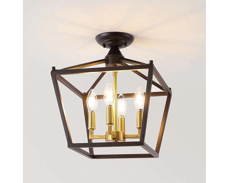 Jonathan Y Plains Mini Lantern 12" 4-Light Iron Modern Farmhouse Led Flush Mount, Nickel