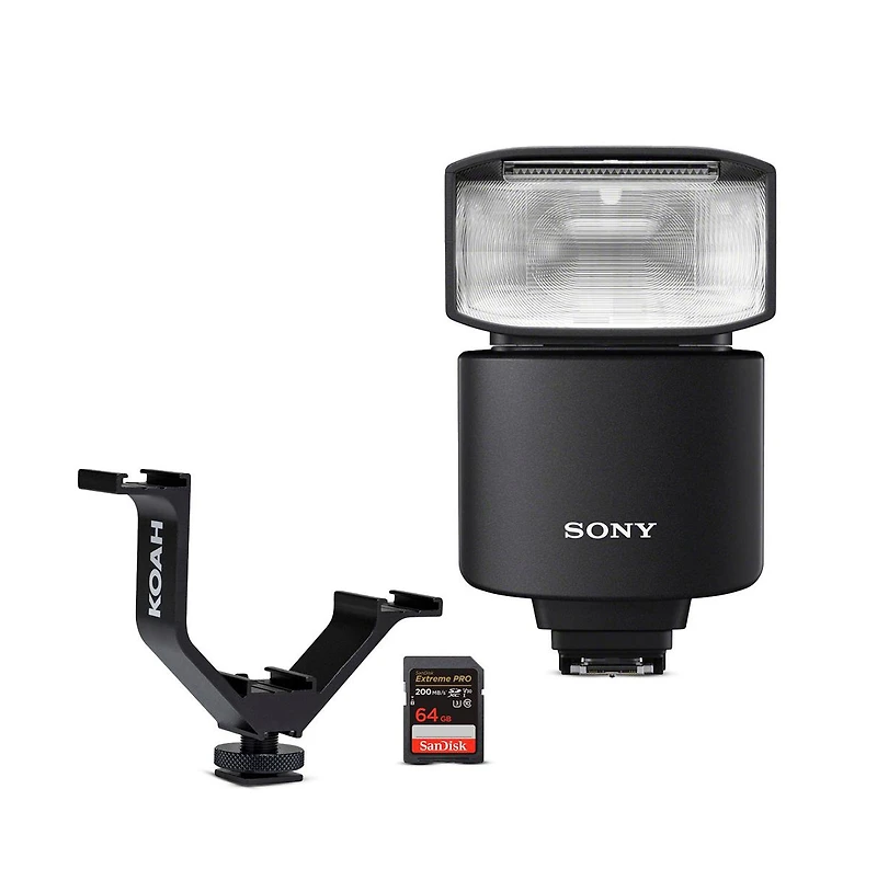 Sony Alpha GN46 Wireless Radio Control External Flash - Hvl-F46RM with 64GB Memory Card and Triple Shoe Bracket bundle