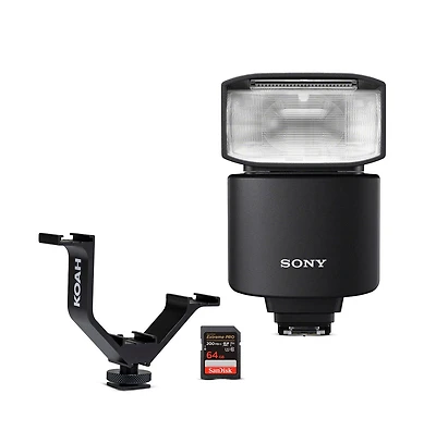 Sony Alpha GN46 Wireless Radio Control External Flash - Hvl-F46RM with 64GB Memory Card and Triple Shoe Bracket bundle