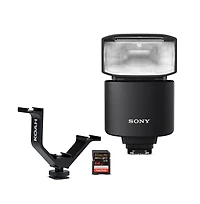 Sony Alpha GN46 Wireless Radio Control External Flash - Hvl-F46RM with 64GB Memory Card and Triple Shoe Bracket bundle