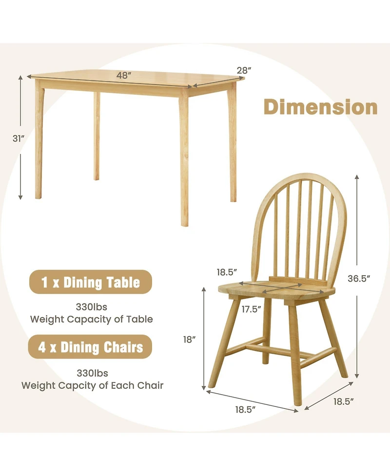 Sugift 5 Pieces Wooden Dining Table Set with 4 Windsor Chairs