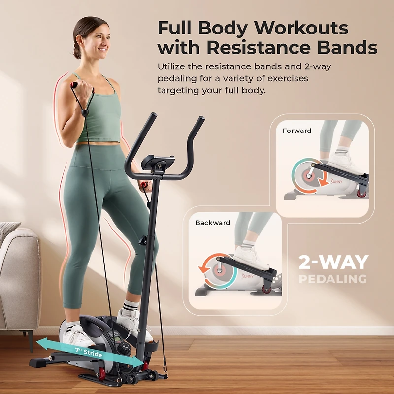Sunny Health & Fitness Smart Compact Elliptical Cross Trainer with Handlebar and Exercise Bands, Magnetic Resistance, Bluetooth & SunnyFit App Connect