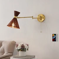 Jonathan Y Lily 25" 1-Light Mid-Century Vintage Retro Rattan/Metal Usb Charging Swing Arm Led Sconce with Pull Chain, Light Brown/Brass Gold