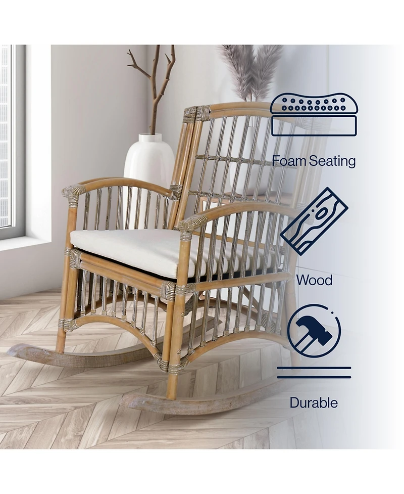 Jonathan Y Swayze Bohemian Farmhouse Woven Rattan/Wood Rocking Chair, White Cushion with Gray/White Wash Frame