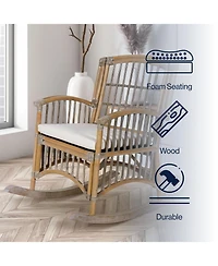 Jonathan Y Swayze Bohemian Farmhouse Woven Rattan/Wood Rocking Chair, White Cushion with Gray/White Wash Frame