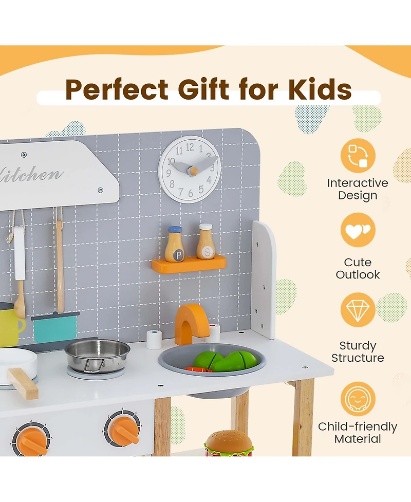 Costway Wooden Kid's Play Kitchen Set Pretend Chef Cooking Toy with Cookware Accessories