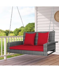 2-Person Patio Pe Wicker Hanging Porch Swing Bench Chair Cushion 800lbs