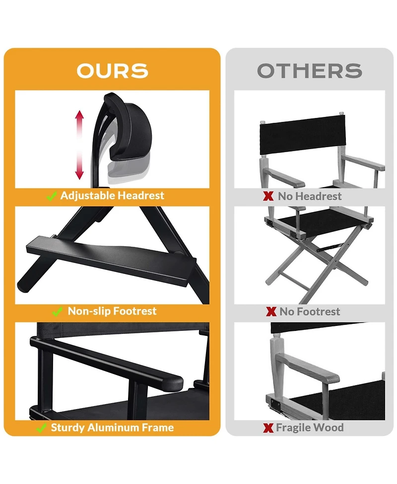 Byootique 28" Height Tall Director Chair Folding Artist Makeup Head Rest Salon