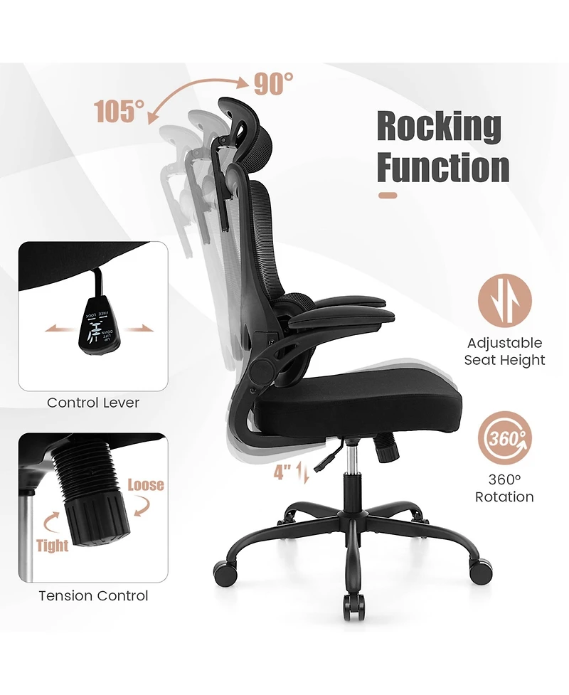 Mesh Office Chair with Adaptive Lumbar Support Flip-up Padded Armrests Headrest