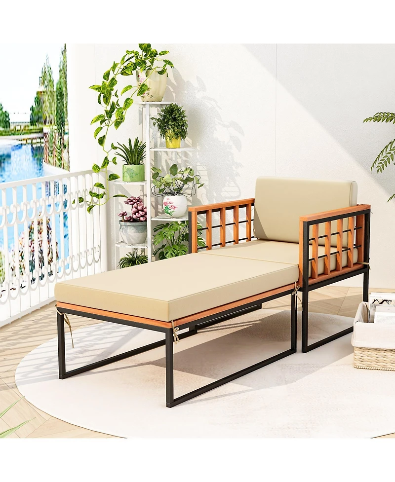 Skonyon Patio Acacia Wood Armchair with Long Ottoman and Seat Back Cushions