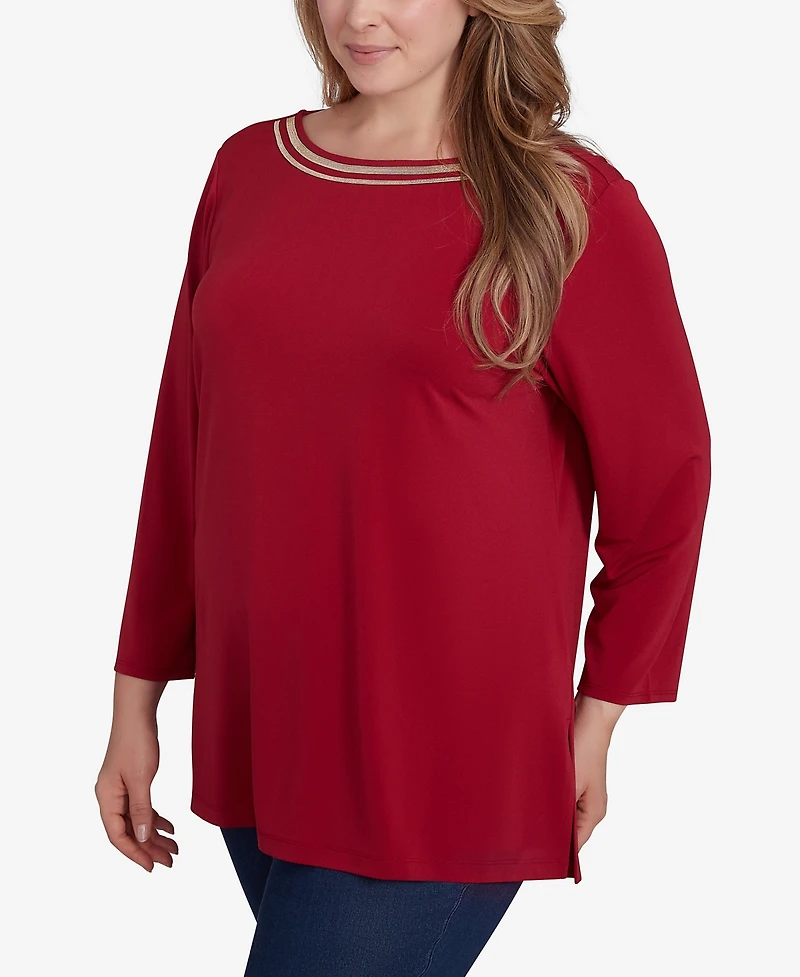 Ruby Rd. Plus Micro Chain Embellished Solid Crepe Knit Top with Side Slits