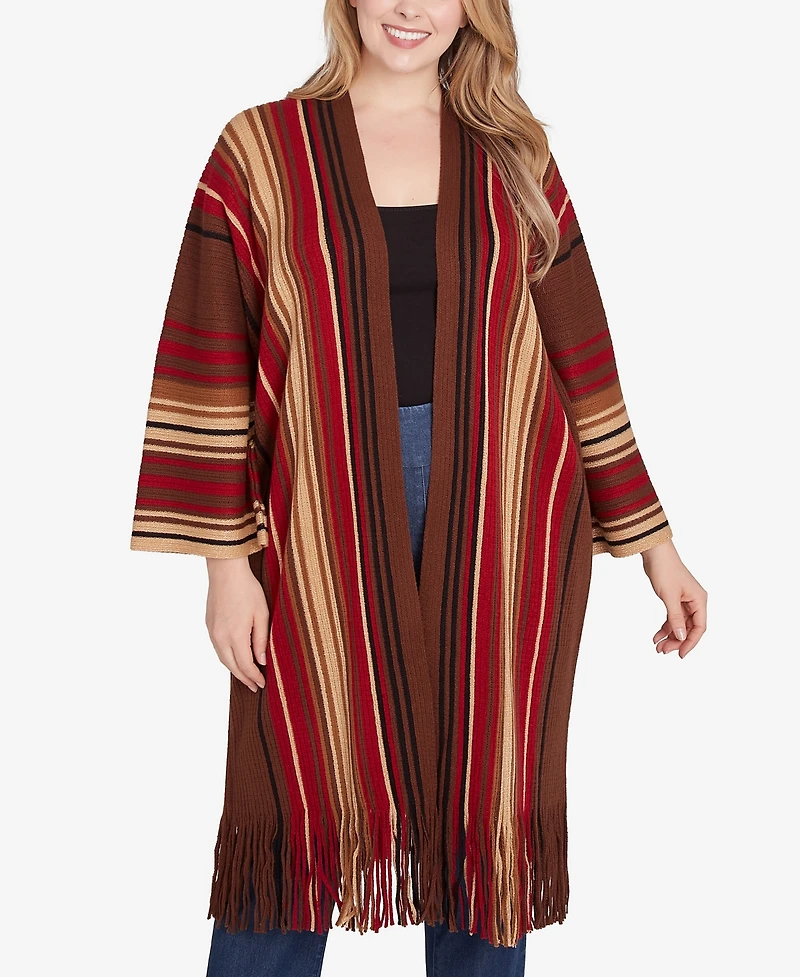 Ruby Rd. Plus Size Open Front Multi Stripe Cardigan Duster with Fringe