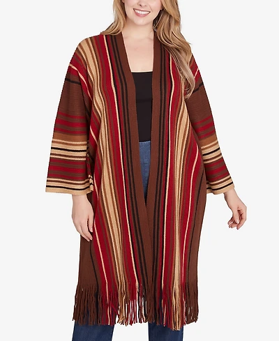 Ruby Rd. Plus Size Open Front Multi Stripe Cardigan Duster with Fringe