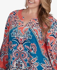 Ruby Rd. Plus Size Embellished Split Neck Baroque Motif Printed Hatchi Knit Top