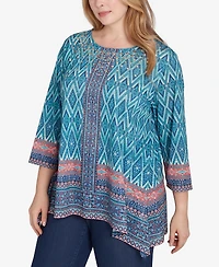 Ruby Rd. Plus Embellished Scoop Neck Placement Print Slub Jersey Sharkbite Top