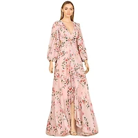 Lara Women's Long Sleeve V-Neck, Layered Skirt Print Dress