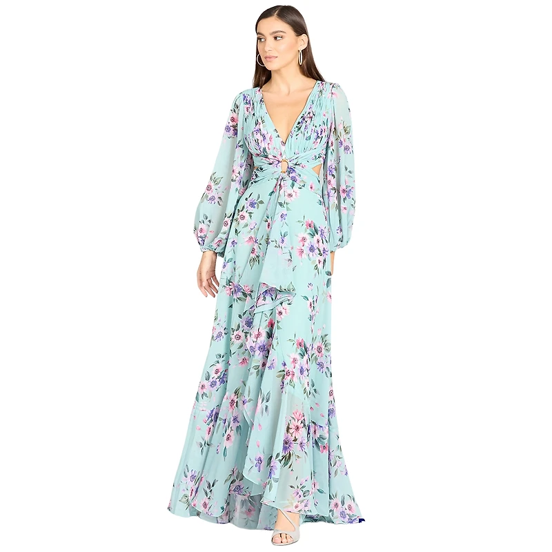 Lara Women's Long Sleeve V-Neck, Layered Skirt Print Dress