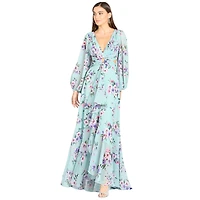 Lara Women's Long Sleeve V-Neck, Layered Skirt Print Dress