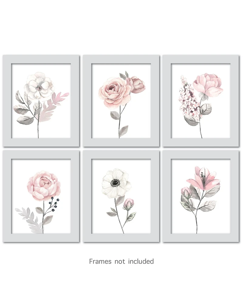 Lambs & Ivy Watercolor Floral Unframed Nursery Child Wall Art 6pc - Pink/Gray
