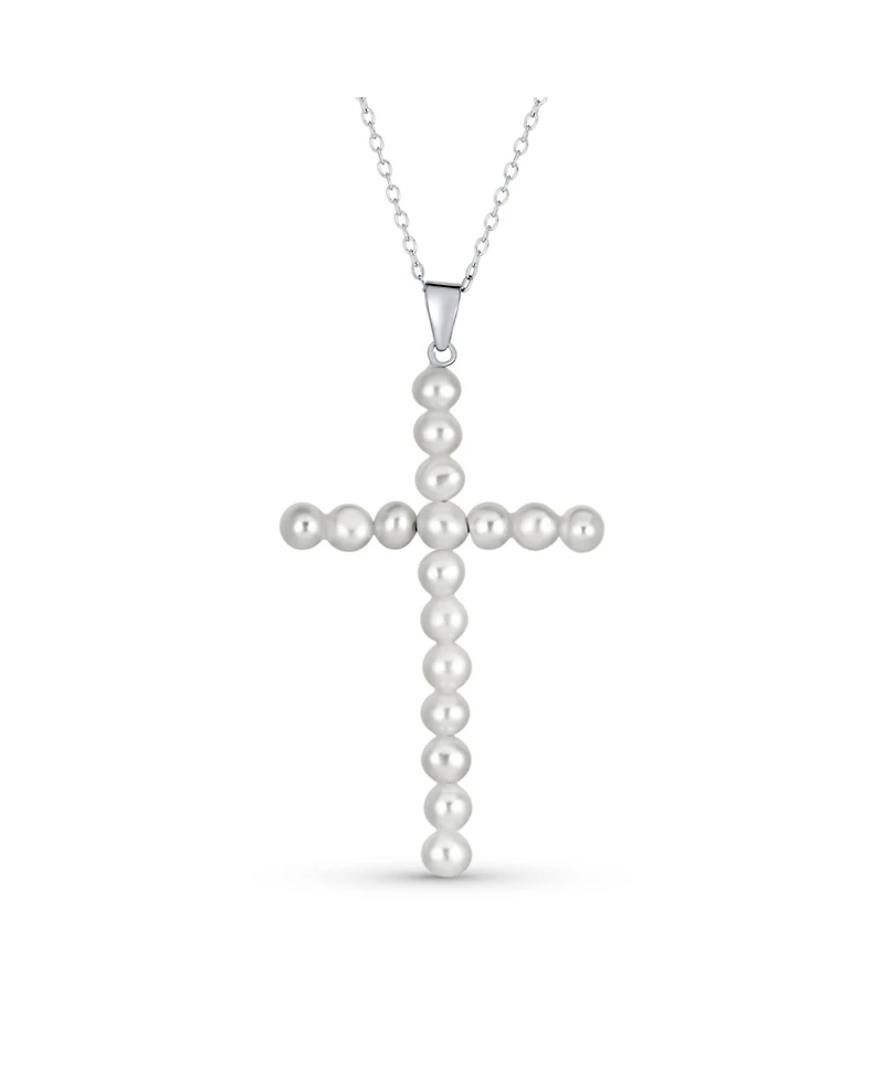 Bling Jewelry Simple Religious Freshwater Cultured White Pearl Large Cross Necklace Pendant Sterling Silver