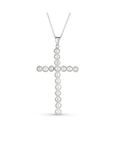 Bling Jewelry Simple Religious Freshwater Cultured White Pearl Large Cross Necklace Pendant Sterling Silver