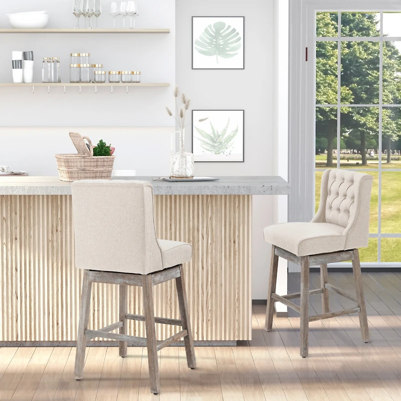 2-Pack Beige 30" Barstools with Button Tufted Design