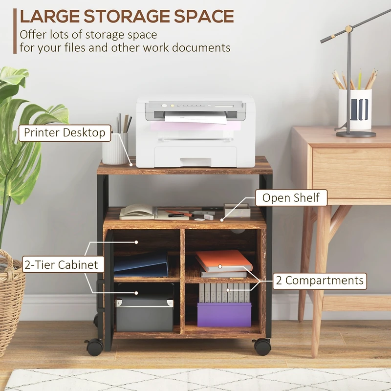 Mobile Printer Stand with Socket & Usb Ports, Rustic Brown