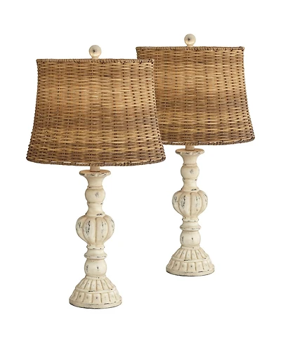 John Timberland Trinidad Country Cottage Table Lamps 26 1/2" High Set of 2 Antique White Candlestick Rattan Tapered Drum Shade for Bedroom Living