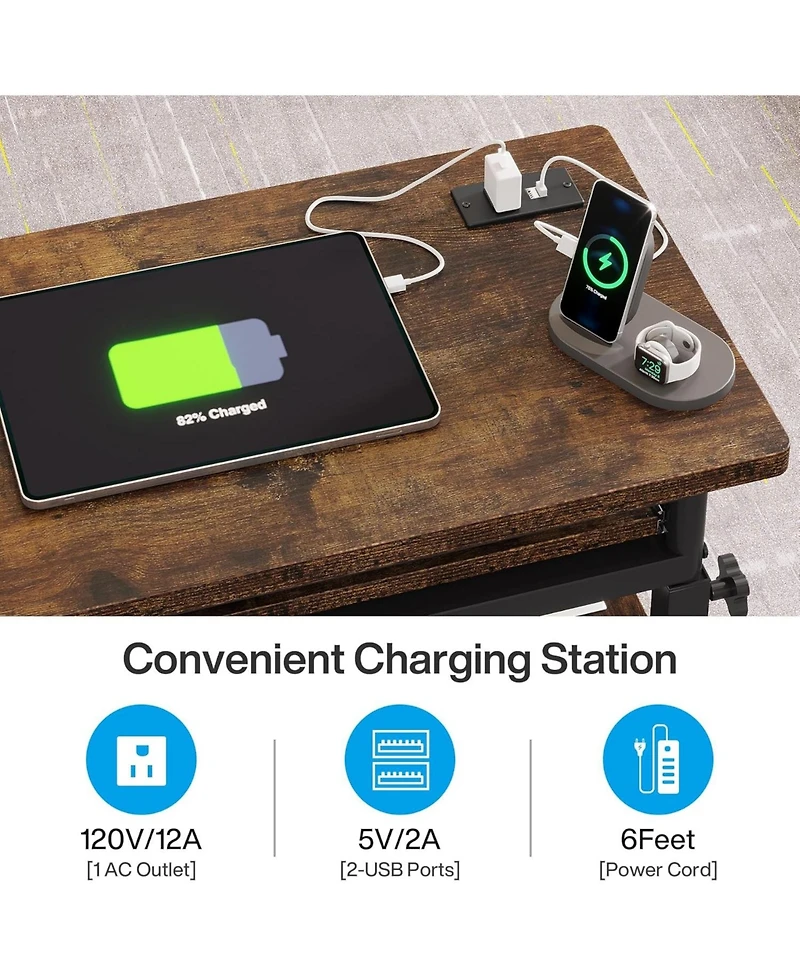 Tribesigns Small Portable Desk with Power Outlet, Height Adjustable Sofa Couch Bedside Laptop Table Wheels, Mobile Standing Rolling Computer
