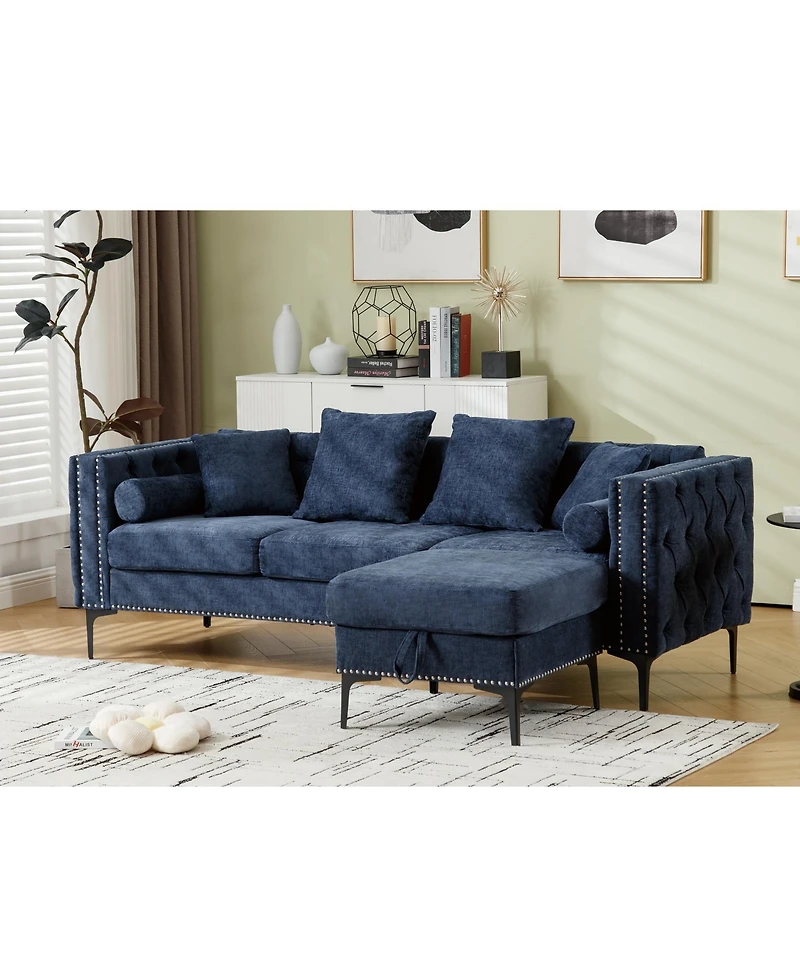 Streamdale Furniture Blue Chenille L-Sectional Sofa with Storage Ottoman