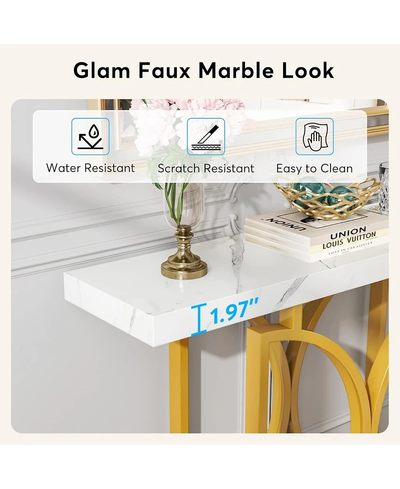 Tribesigns Gold Console Table, 39 Inch Entry Sofa Table with Double D-Shaped Metal Base, Contemporary Accent Table with Faux Marble Veneer for Entrywa