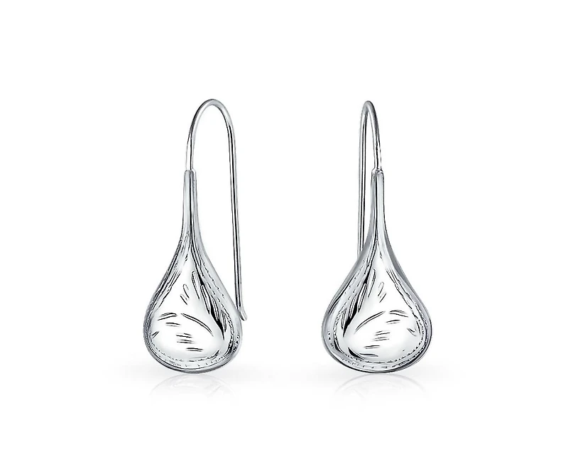 Bling Jewelry Carved Etched Puffed Pear Shaped Rain Drop Teardrop Earrings Fishhook Sterling Silver