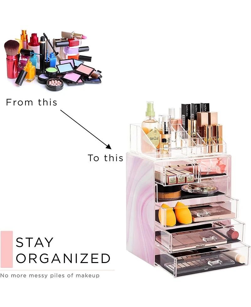 Sorbus 2 Piece Acrylic Makeup and Jewelry Storage Organizer Case (6 Drawers and Lipstick Tray) - Tie Dye Pink