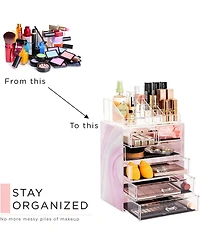 Sorbus 2 Piece Acrylic Makeup and Jewelry Storage Organizer Case (6 Drawers and Lipstick Tray) - Tie Dye Pink