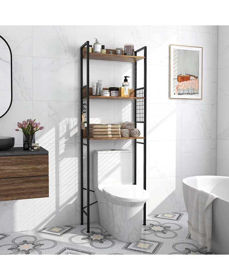 Sugift 3-Tier Over-the-Toilet Storage Rack with 3 Hooks-Rustic Brown