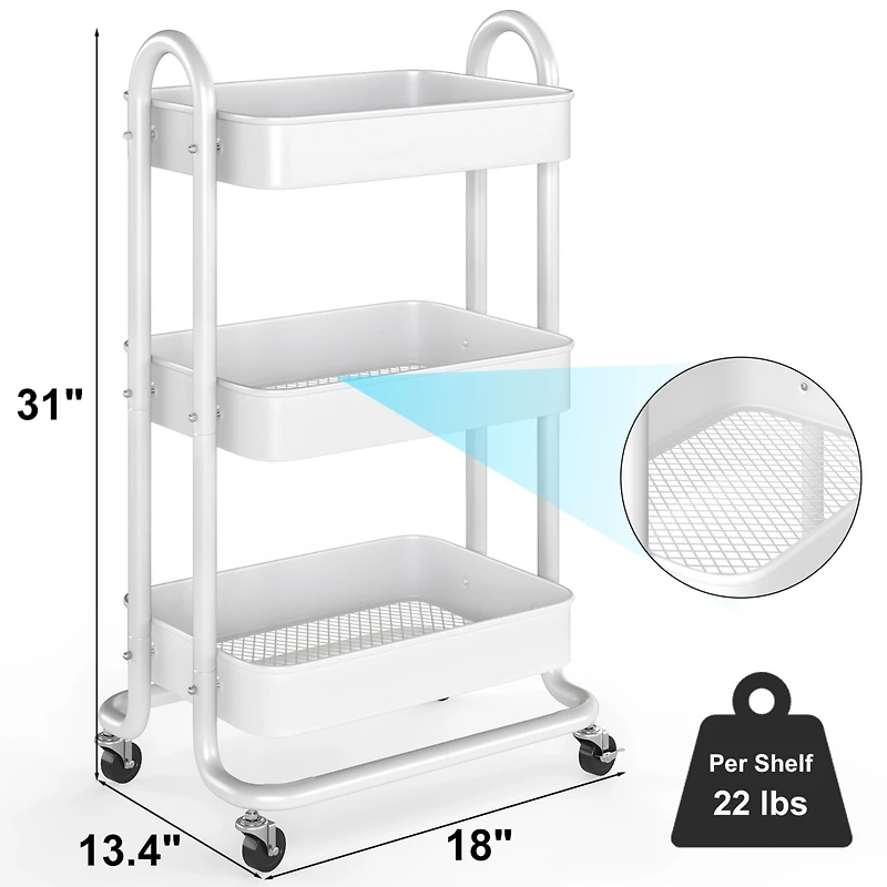 Sugift 3 Tier Rolling Cart Utility Cart with Lockable Wheels Rolling Metal Storage