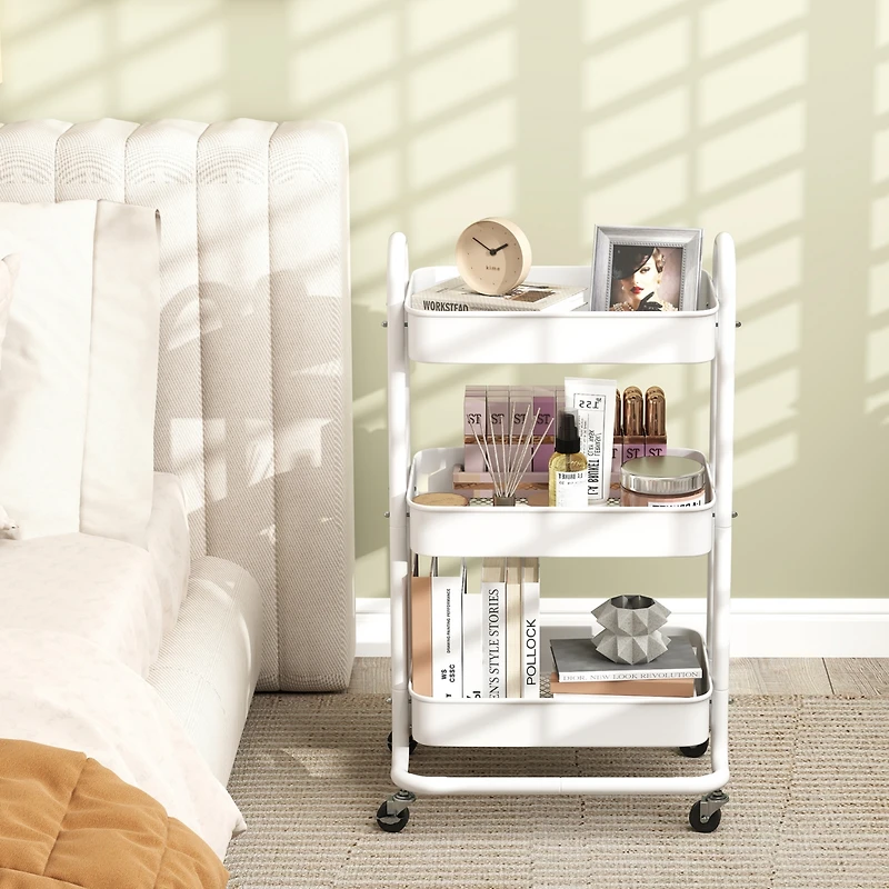 Sugift 3 Tier Rolling Cart Utility Cart with Lockable Wheels Rolling Metal Storage