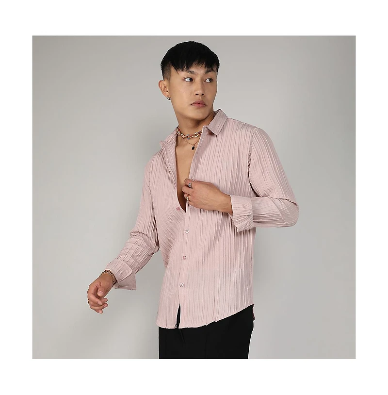 Men's Blush Pink Self-Design Striped Shirt