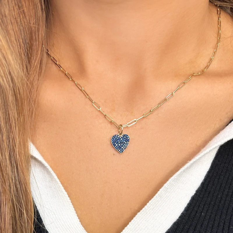 The Lovery Blue Sapphire Pave Heart Charm 14K Gold